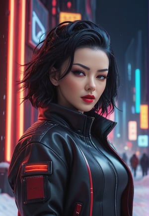 (masterpiece, high quality, realistic), cyberpunk woman, (black hair), wearing (black-red jacket), (nostalgic expression), (snowy cyberpunk city setting), (vivid neon lights), (detailed lighting contrast), (screens in background lighting), great attention to detail, (up close shot), (octane rendering), 8K resolution.