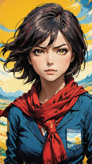mikasa ackerman in the style of vincent van gogh, portrait, aggresive, extreme detail, anime, wearing a red scarf, yellow background