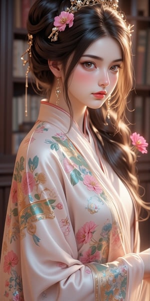 1girl, solo, looking at viewer, black hair, hair ornament, brown eyes, jewelry, upper body, flower, earrings, indoors, hair flower, blurry, book, blurry background, chinese clothes, realistic, red lips,FLUX_QTGirlNimE