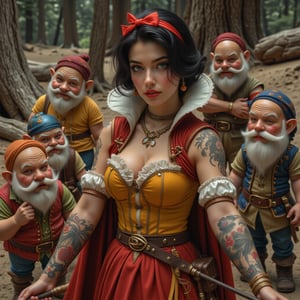 Pin up version of Snow White warrior tattooed  and the seven dwarfs gang painted in the style of Olivia De Berardinis,ek_ph0t0_b00ster,ek_an1_b00ster