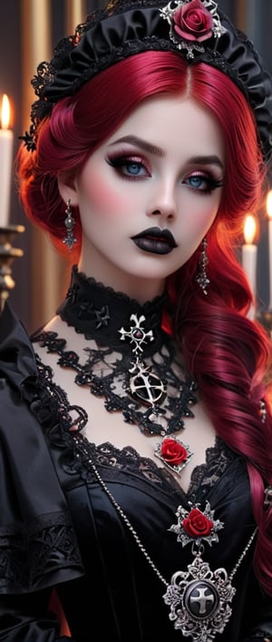 HighestQuali,tmasterpiece：1.2,Detailed details,1 Gothic girl,Black victorian dress,Gorgeous headdress,Bust,Rose flower,crosses,silver ornaments 、redheadwear、colorful hair with victorian updo hairstyle 、paleskin、Black lipstick and eye shadow,Accessories include the Cross Medal,Pentagram,crosses,cloaks,shawl,Sexy,chies,a lit candle, full body image, upper body detailed