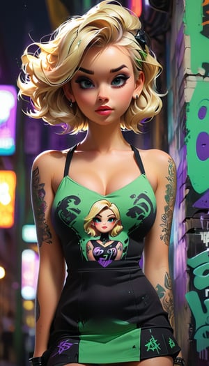 highly detailed portrait of blonde tatto girl mini dress by atey ghailan, by greg rutkowski, by greg tocchini, by james gilleard, by joe fenton, by kaethe butcher, gradient green, black, purple, neon color scheme, grunge aesthetic! ! ! graffiti tag night club wall background