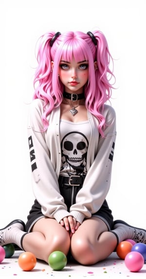 A painting of a woman with pink hair, wearing a white and black shirt, and a choker necklace. She is sitting on the ground with her legs crossed and surrounded by a bunch of balls. The background is white and the lighting is soft. The style is a digital illustration, with a playful and whimsical tone., QTGIRLREAL,REALNIME