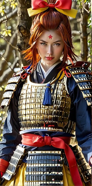 1girl,dressed in samurai-style armor, She wears traditional Japanese armor reminiscent of a samurai,Blue coat, yellow hakama ,The design blends elegance with strength, portraying her as a warrior princess,(Large red head ribbon), Adorning her head is with a faintly red ribbon tied, shining brightly, warrior samurai, score_9