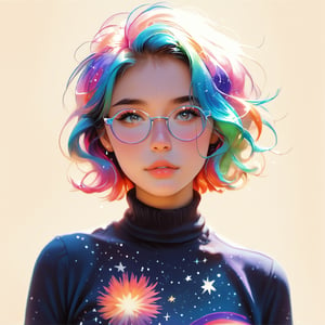  score_9, score_8_up, score_7_up,score_6_up, score_5_up, female character, solo, galaxy-themed clothing, turtleneck sweater, glasses,short hair, blue hair with a hint of purple, big round eyes, light abstract background, stars, constellations, trees silhouettes, vibrant colors, celestial, whimsical, portrait, colorful, modern art, Illustration,