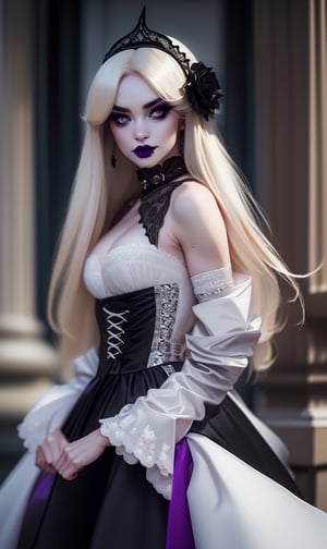 ((​masterpiece、top-quality)), (Photorealistic photography:1.4), (gothic lorita:1.5), White Elegance, Highly detailed frills, (intricate detailes),1 persons, femele, 30years old girl, Mystical Beautiful Girl, Very young face, perfect anatomia, perfectly proportions, face perfect, Strong gothic makeup, Whitewashed face, Purple Lipstick, Purple eyeshadow, (Heavy makeup:1.4), Pathological beauty, Bright on the face, Details of face, serious faces, blondehair, Long straight hair, Parting aligned bangs, Hair that flutters in the wind, Gothic Lolita costumes,Hood of her vertical roll, Black miniskirt bulging with panniers, lace-up boots, Very short stature, Very small breasts, Stand cross-legged, um Home Detetive, conceptual art, 真实感, godrays, Cinematographic lighting, canon, high details, hiquality, HD fine, 16K resolution, Full body portrait, full body Esbian,
