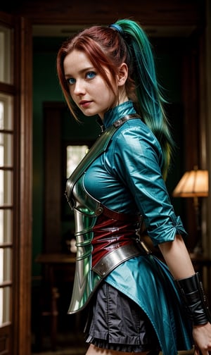 vibrant colors, woman, medium breast, masterpiece, sharp focus, best quality, depth of field, cinematic lighting, blue eyes, green hair, hair between eyes, ponytail, hairclip, armored maid outfit, indoors, long hair,