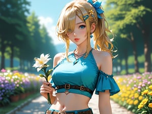 1girl, solo, (((breasts, blue eyes, blonde hair, hair ornament, navel, holding, bare shoulders, ponytail, flower, outdoors, hairclip, midriff, belt, hair over one eye, blurry, lips, crop top, blurry background, holding flower)))