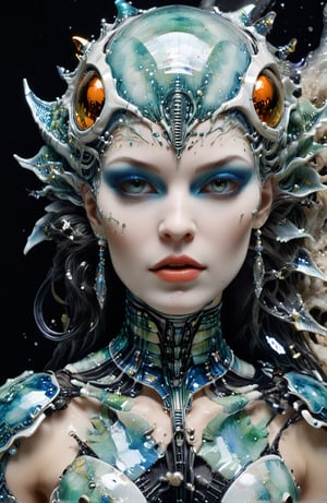 A portrait of terraforming semi-cyborg gaia alien woman from Saturn, by h. r. giger and Dan Maitz, intricately embedded within a sea of broken porcelain. The porcelain glistens with splatter paint patterns in a harmonious blend of glossy and matte blues, greens, oranges, and reds full colors. Her skin tone, a light hue like the porcelain, 8k, highly detailed, high contrast, stunning, masterpiece, Broken Glass effect, no background, stunning, something that even doesn't exist, mythical being, energy, molecular, textures, iridescent and luminescent scales, breathtaking beauty, pure perfection, divine presence, unforgettable, impressive, breathtaking beauty, Volumetric light, auras, rays, vivid colors reflects
,cyborg style