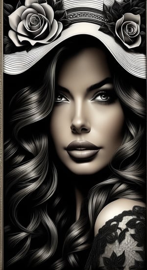 an old framed portrait of a woman with long hair, in the style of noir comic art, hyper-detailed illustrations, chicano-inspired, intricately detailed, realistic yet romantic