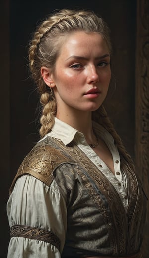 fantasy universe, A warrior woman, Blond hair braided in a braid, in an antique shirt, a stern look, photo, perfect composition, beautiful detailed intricate insanely detailed octane render trending on artstation, 8 k artistic photography, photorealistic concept art, soft natural volumetric cinematic perfect light, chiaroscuro, award - winning photograph, masterpiece, oil on canvas, raphael, caravaggio, greg rutkowski, beeple, beksinski, giger