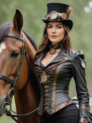 (((A stunning sexy woman in steampunk))) Beneath a canopy of timeless nature, a steampunk enchantress and her majestic steed share a moment of serene connection. Her gaze, intricate as the gears on her top hat, unveils stories of uncharted adventures, while the horse's gentle presence mirrors her fierce yet poised essence. Clad in dark leather with brass embellishments, she stands as a striking blend of Victorian grace and industrial flair—a true embodiment of steampunk artistry. 🕰️🖤