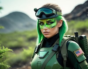 close up, Petty officer war girl wearing green war paint with weapon drawn, moving through the bush in an alien planet. High resolution close up