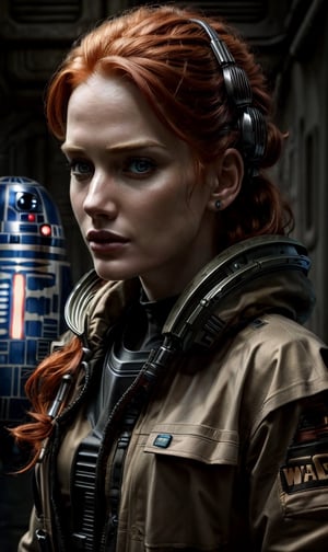 (Best Quality, hyper-realistic), photograph, (rugged ginger female) in her 30s, wearing (scifi star wars outfit), nature, moody, dark, diffused lighting, (explorer hacker), beautiful shadows, detailed, detailed background
