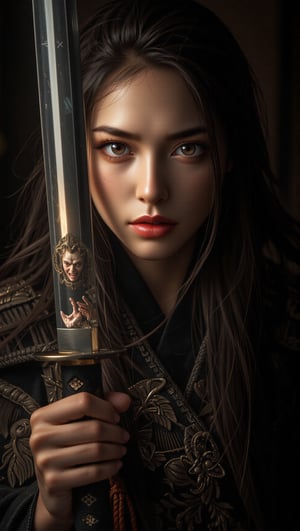 A close-up shot of a fierce Japanese female warrior standing confidently, with a tiny finnest reflection of an ancient mythical Japanese demon subtly shining on the curved surface of her gleaming katana (1.3 meters long). The demon's ethereal features are reflected in the blade, as if trapped within the metal. Her expression is stoic, yet intense, as she gazes directly into the camera, with a hint of determination in her eyes. Soft, warm lighting casts a gentle glow on her determined face and the katana's reflective surface. The composition focuses on the warrior's imposing figure and the mystical symbolism of the demon's reflection, set against a dark or muted background to emphasize the SamuraiArt.