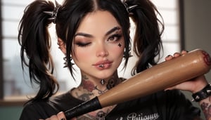 score_9, score_8_up, score_7_up, score_6_up  1girl, (((solo, black hair, hair ornament, twintails, brown eyes, jewelry, one eye closed, lips, tattoo, piercing, ear piercing, spikes, realistic, facial tattoo, holding baseball bat, gothic, nail, lip piercing nijistyle))))
