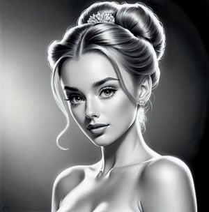 the drawing shows a woman with hair in an updo, in the style of hyperrealism and photorealism, glamorous hollywood portraits, trace monotone, realistic and hyper-detailed renderings, shiny/glossy, 32k uhd, detailed character illustrations,pencil sketch