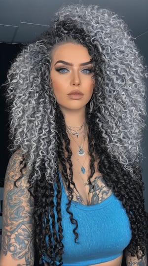 (highers), (ultra detailed), (perfect face), gray eyes, (((three color Crochet braids hair))), (((black white and blue hair))), long hair, piercing, tattoos, tattoo on belly, introvert, shy, navel, (bright lights), (blinding lights), blue color theme, dark, room, punk, large chest, big chest, make up, dark eyeshadow
