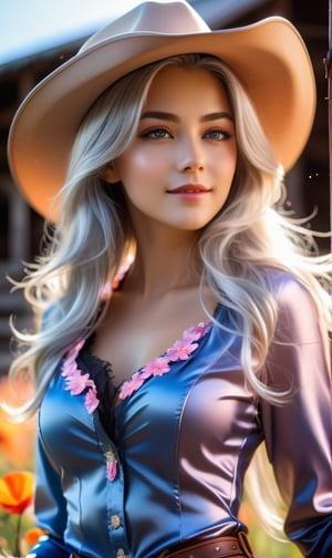 1 girl, scenery, vibrant colors, sharp focus, best quality, depth of field, cinematic lighting, flying petals in the wind, (silver eyes), silver hair, extremely long hair, slight blush, slight smile, (glowing:1.5), cowgirl outfit, cowboy hat, barn,

,detailmaster2