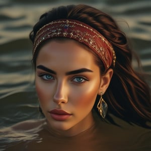 film photography of a woman's face partially submerged in murky water - only her eyes and forehead are visible, she is lurking, she has jet-black hair, her eyes are bright blue and leak golden light, brightening up her face, she wears a dark-red headband, adorned with various jewels, precious stones, and gold links, she wears large titanium crystals as earrings, her face is covered in chromatic gold dust, the water is restless, with ripples and waves, her gaze is strong, powerful, sunset, low light, sunshafts, godrays,BOOREAL2,ek_ph0t0_b00ster