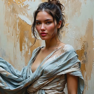 photo of a gorgeous young woman in the style of Guy Denning, draped in flowing fabric, warm impasto brush strokes, realistic, sharp focus, 8k high definition, insanely detailed, intricate, elegant, art by Tim Okamura and Jeremy Mann