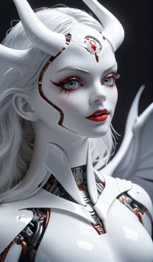 "High-resolution photo, close-up of cyborg succubus, white plastic face, glossy finish, detailed circuitry, white demon wings in the background, shallow depth of field, soft focus on background, cinematic lighting
