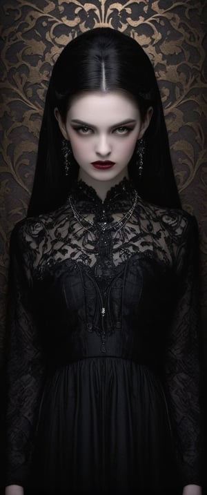 A subtle yet enchanting photo of a woman with a gentle yet sinister expression. She wears a delicate black dress adorned with intricate patterns and accessories. In the background, there's a dimly lit room with a dark, mysterious atmosphere. The walls are covered with intricate, almost Gothic designs, and a low, menacing growl can be heard in the distance. The overall tone of the image is mysterious and alluring, inviting viewers to uncover the secrets it holds., photo