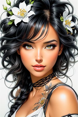 portrait of wonderful young woman with flowers Coloring Book Page, solid white background, intricate connected black lines, in the style of WLOP, Bayard Wu, Luis Royo, and Ralph Horsley, perfectly centered