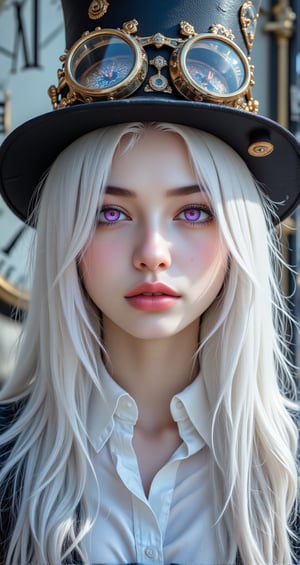 1girl, solo, long hair, looking at viewer, shirt, hat, purple eyes, white shirt, upper body, white hair, parted lips, collared shirt, blurry, lips, goggles, freckles, goggles on head, nose, clock, gears, goggles on headwear, steampunk,MIPNK