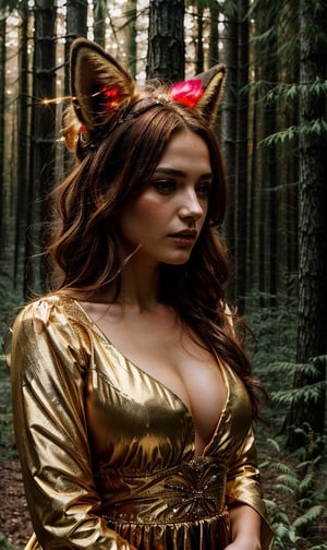  ((FireFull)) Portrait of a girl with fox ears, fox snout, wearing a golden gossamer twinkling gown, up close, 8k, high quality, golden sparkling lighting, hair in a messy bun, beautiful dark fantasy forest background, DarkFantasy