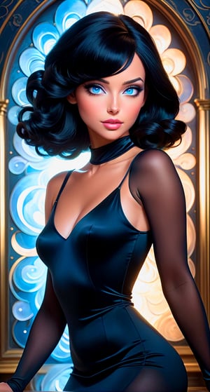 Get lost in the ethereal beauty of "Lady black, " an extraordinary creation in the style of loish. With a wonderfully symmetrical face and slight tan skin and blue eyes and black hair wearing a black tight dress and realistic relighting