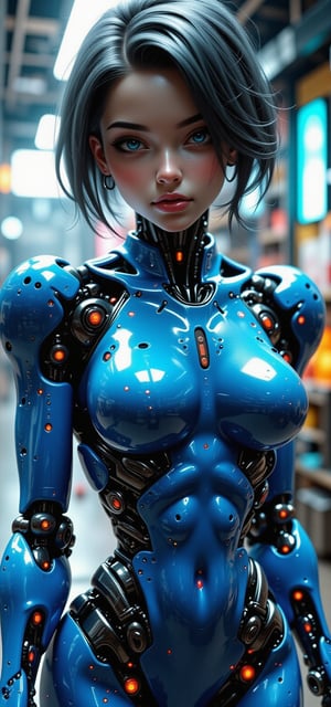 (masutepiece, Humanoid robot with complex machinery:1.3), (Captivating depiction of a robot in the form of a human woman:1.2), (Meticulously crafted to showcase the fusion of technology and aesthetics:1.2), (The body of the robot consists of a simple and complex design, Blue or black titanium parts:1.1), (Wires intricately interweave the frame to form a mechanical circulatory system:1.1), (Strategically positioned porcelain plates to protect critical components:1.1), (Human-like head with a perfectly symmetrical face:1.1), (Thick and dark eyebrows surround expressive features:1.1), (Hair styled in stunning upsweep fashion, Vibrant shades of blue:1.1), (Set in a scientific laboratory, Focus Lighting Robot:1.1), (A spotlight that highlights the complexity of its machines and the beauty of their design:1.1), (Meticulous attention to gear details, wires, and Components:1.1), (A depiction that captures the harmonious fusion of humans and technology:1.1), (A sense of wonder and innovation represented by the creation of robots:1.1), (Images that inspire reflection on the future of human-machine interaction:1.1), (Precision meets aesthetics、Artwork that creates captivating and thought-provoking compositions:1.1)), Cinematic, ultra-detailliert, Insane details, Beautifully color graded, Unreal Engine, degrees of freedom, Hyper-Resolution, Megapixel, cinematic lightening, Anti-aliasing, FKAA, TXAA, nffsw, SSAO, post processed, Post Production, Tone Mapping, ...CGI, VFX, tokusatsu, insanely detailed and intricat, Hyper maximalist, Hyper realistic, Volumetric, Photorealistic, ultra photoreal, Ultra-detailed, Intricate details, and draw the full body,FLUXCyberpunknime,REALNIME, QTGIRLREAL