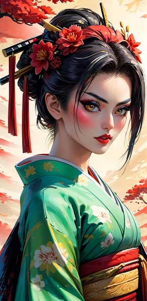 a female geisha, rogue woman, close-up, cinematic shot, graphic novel cover page, oil pastels, oil paint, doujinshi