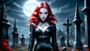 Photo of a glamorous and mysterious vampire huntress with pale skin and red lips, wearing a black leather catsuit with silver stakes strapped to her thigh, standing in a moonlit graveyard. The full moon casts eerie shadows on the tombstones. Dark, moody lighting, gothic, cinematic, sharp focus, hyper-realistic, nocturnal elegance.