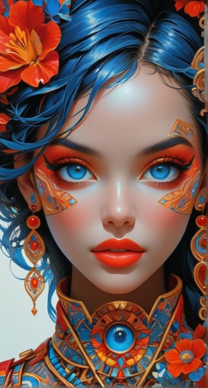 The image is a stylized depiction of a woman's face and upper torso. It features a high level of detail and complexity, with the skin appearing to be adorned with an intricate pattern of colors and shapes that resemble circuitry or digital art. The eye is particularly prominent, with its blue iris surrounded by vibrant hues and detailed with a variety of patterns. The lips are full and painted red, adding a bold contrast to the surrounding artistry. The overall effect is one of a digital or cybernetic aesthetic, suggesting themes of technology and humanity intersecting.