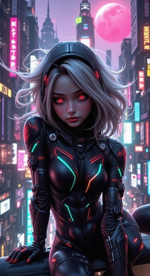 a futuristic female vigilante with short, flowing silver hair with long bangs. The character is in a low, crouched position, ready to spring into action, one hand touching the ground for balance atop a skyscraper with strong wind blowing in a bustling cyberpunk city. She is dressed in a black, armored carbon fiber suit with red, green and blue accents, featuring numerous straps and a hood with pointed tips. She wears black leather fingerless gloves, fake nails, nail polish.  Her glowing red eyes with slit pupils are visible through a sleek black mas. The background reveals a sprawling cityscape with neon lights, holographic advertisements, and towering buildings, with the crimson moon hanging low in the sky, casting an ominous glow over the scene. motion lines effect, anime screencap,extremely detail background consist of detailed building, environment, vegetation, sky, with sharp and precise detail, lossless detail, anime style,REALNIME, QTGIRLREAL,FLUXCyberpunknime