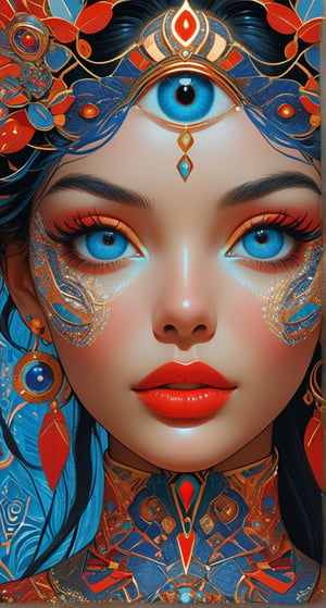 The image is a stylized depiction of a woman's face and upper torso. It features a high level of detail and complexity, with the skin appearing to be adorned with an intricate pattern of colors and shapes that resemble circuitry or digital art. The eye is particularly prominent, with its blue iris surrounded by vibrant hues and detailed with a variety of patterns. The lips are full and painted red, adding a bold contrast to the surrounding artistry. The overall effect is one of a digital or cybernetic aesthetic, suggesting themes of technology and humanity intersecting.