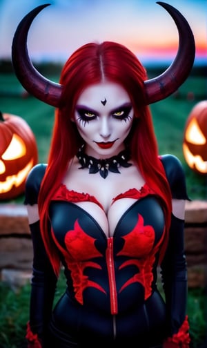 Demon girl they are with white horns , red hair, night , around the field and Halloween pumpkins, detailing 8k 