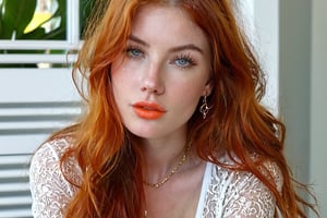 1girl, solo, long hair, breasts, looking at viewer, jewelry, earrings, parted lips, orange hair, lips, head tilt