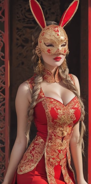 1girl, (((very long braided hair))), large breasts, dressed as a bunny girl with a Chinese-inspired twist, (((Her outfit combines the classic bunny girl elements with traditional Chinese design))), featuring a bodice with intricate embroidery and vibrant red and gold colors. She wears a ((Nose Masquerade Mask)), adorned with delicate patterns and embellishments that complement her outfit. The ensemble merges playful elegance with cultural richness,
,dal-1