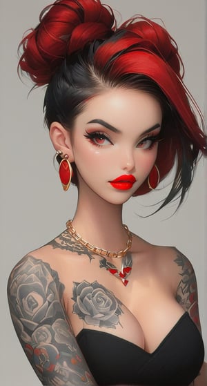 1girl, solo, (((breasts, large breasts, black hair, white background, cleavage, jewelry, closed eyes, earrings, shorts, necklace, off shoulder, hair bun, lips, blood, tattoo, makeup, black shorts, piercing, eyeshadow, red lips, arm tattoo, barcode)))