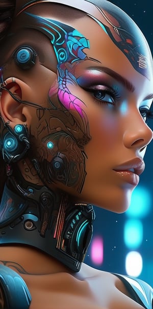 a close up of a woman with tattoos on her face, beautiful female neuromancer, beautiful cyborg woman, beautiful cyborg girl, beautiful alluring female cyborg, beautiful female cyborg, trending digital fantasy art, extraordinarily detailed woman, by Jan Tengnagel, beautiful cyberpunk girl face, stunning digital art, exquisite digital art, exquisite digital illustration, digital art fantasy art