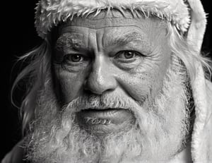 In the depths of a moonlit night, the face of an elderly (((Santa Claus))) emerges from the shadows, a living tapestry of time etched into his features. His eyes are hidden beneath the ridge of bushy white eyebrows, but an unspoken wisdom shines through the darkness. His abundant wrinkles weave stories of joy, sadness and experience, like rivers branching into an intricate network of tributaries. His high cheekbones are covered in a faint silver sheen that reflects the cold light of distant stars. His thin, pale lips are locked in a half smile, hinting at a secret only he knows. The contours of his face blend perfectly with the dark background, as if his face were formed by the very absence of light. The stark black and white contrast of the scene amplifies the otherworldly atmosphere, capturing the essence of an immortal being that has witnessed countless eons. realistic photo,Christmas 1girl