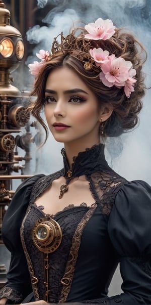 An ethereal woman in a flowing Gothic-inspired gown with intricate lace patterns and dark colors, standing atop a brass steam-powered automaton reminiscent of Victorian-era machinery. She has anime-style eyes with long lashes and a delicate cherry blossom motif adorning her temples. The automaton is surrounded by wisps of smoke and mechanical tendrils, evoking a sense of otherworldliness.",steampunk style