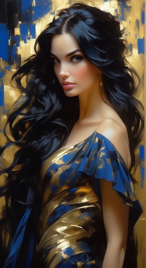 a woman with long black hair in a gold painting, in the style of charlie bowater, dark blue and dark black, michael garmash, comic art, realistic color palette, dark black and beige, soft-focused realism 
Cinematic 