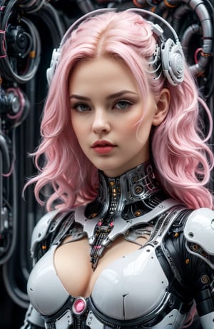 Sexy woman,big boobs, full size, Long wavy, light pink hair, complex 3d render ultra detailed of a beautiful porcelain, woman android, cyborg, robotic parts, beautiful studio soft light, rim light, vibrant details, luxurious cyberpunk, lace, hyper realistic, anatomical, muscles, cable electric wires, microchip, elegant, beautiful background, octane render, H.R. Giger style

