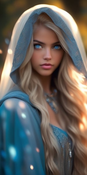 1girl, solo, long hair, blue eyes, blonde hair, jewelry, upper body, dark skin, hood, blurry, lips, grey eyes, depth of field, blurry background