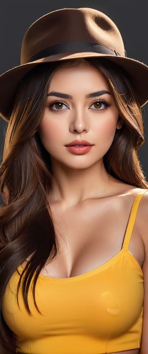 1girl, solo, long hair, breasts, looking at viewer, brown hair, black hair, hat, upper body, black eyes, lips, gradient background, clothing cutout, realistic, nose, shoulder cutout, yellow headwear