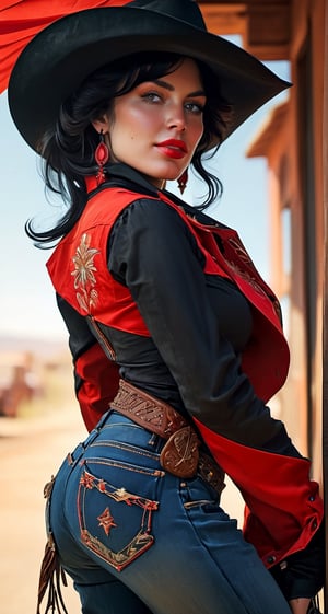 Waist-length portrait of a female gunslinger dressed in a red and black cowboy outfit with a black hat, black hair cascading over her shoulders, glancing back while strolling down the dusty roads of Dodge City, ensconced in dim volumetric lighting, attire comprising a crop top and jeans, with an art style inspired by artgerm, Greg Rutkowski, and Alphonse Mucha, rendered in 8K octane, featuring post-production enhancements for an extremely detailed