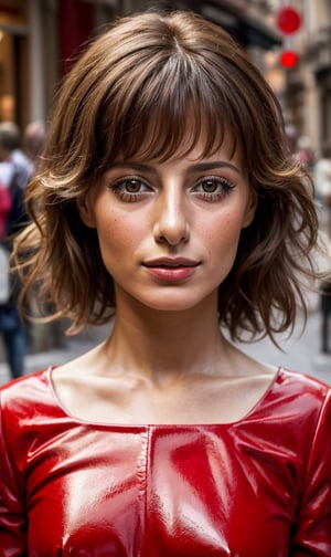 close up portrait of beautiful 35-years-old Italian woman, wearing a red outfit, well-groomed model, candid street portrait in the style of Mario Testino award winning